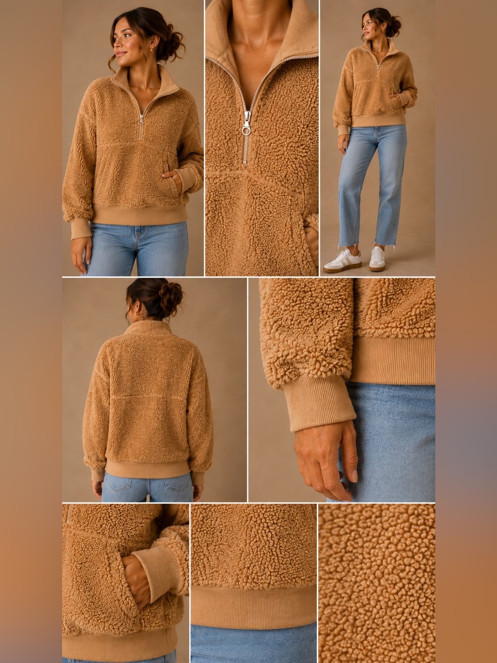 Target Joy Lab Faux Sherpa Quarter Zip Boxy Sweatshirt Tan Size Medium